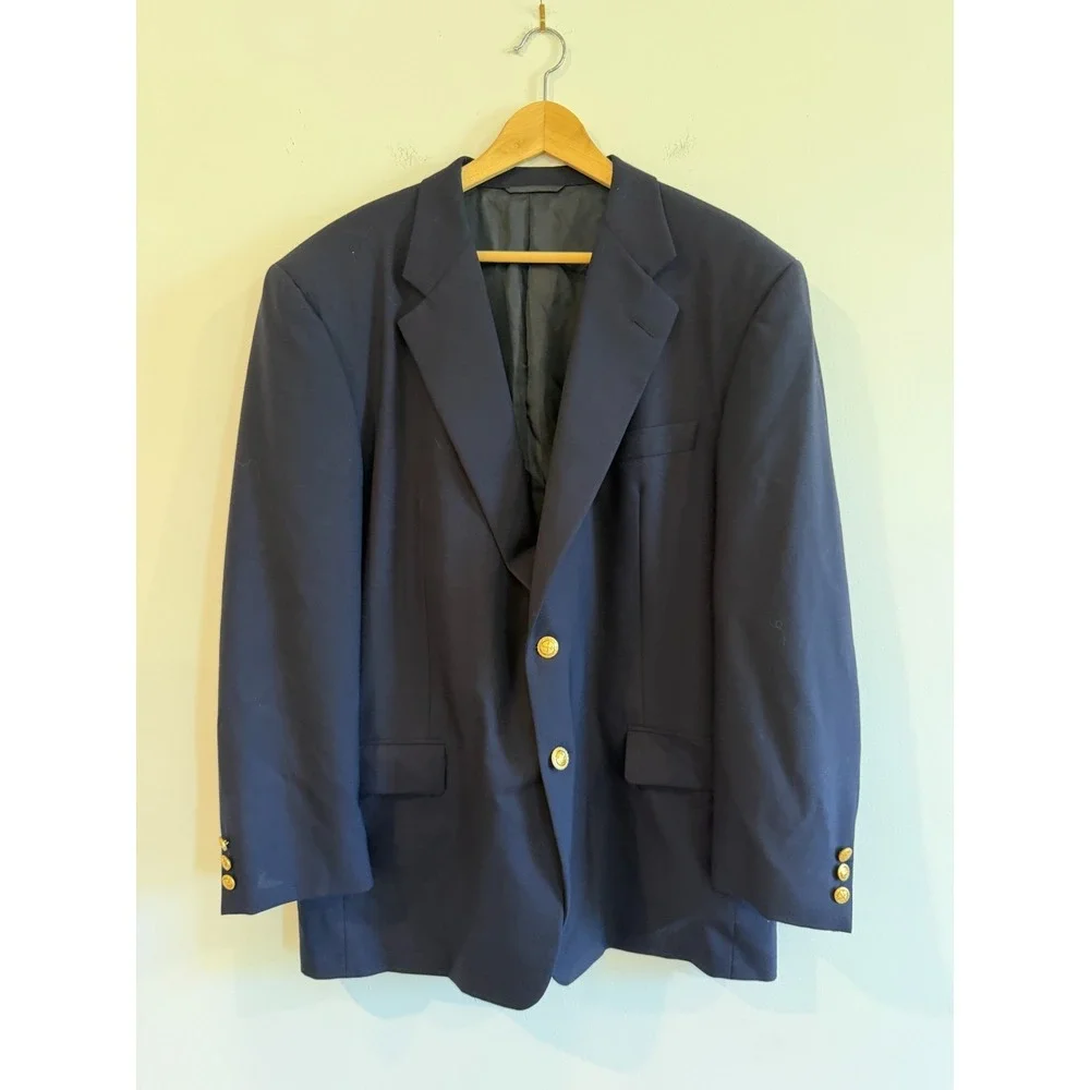 Hickey Freeman Mens 44R Navy Blue Gold Button 100% Wool Blazer Oakbrook EUC